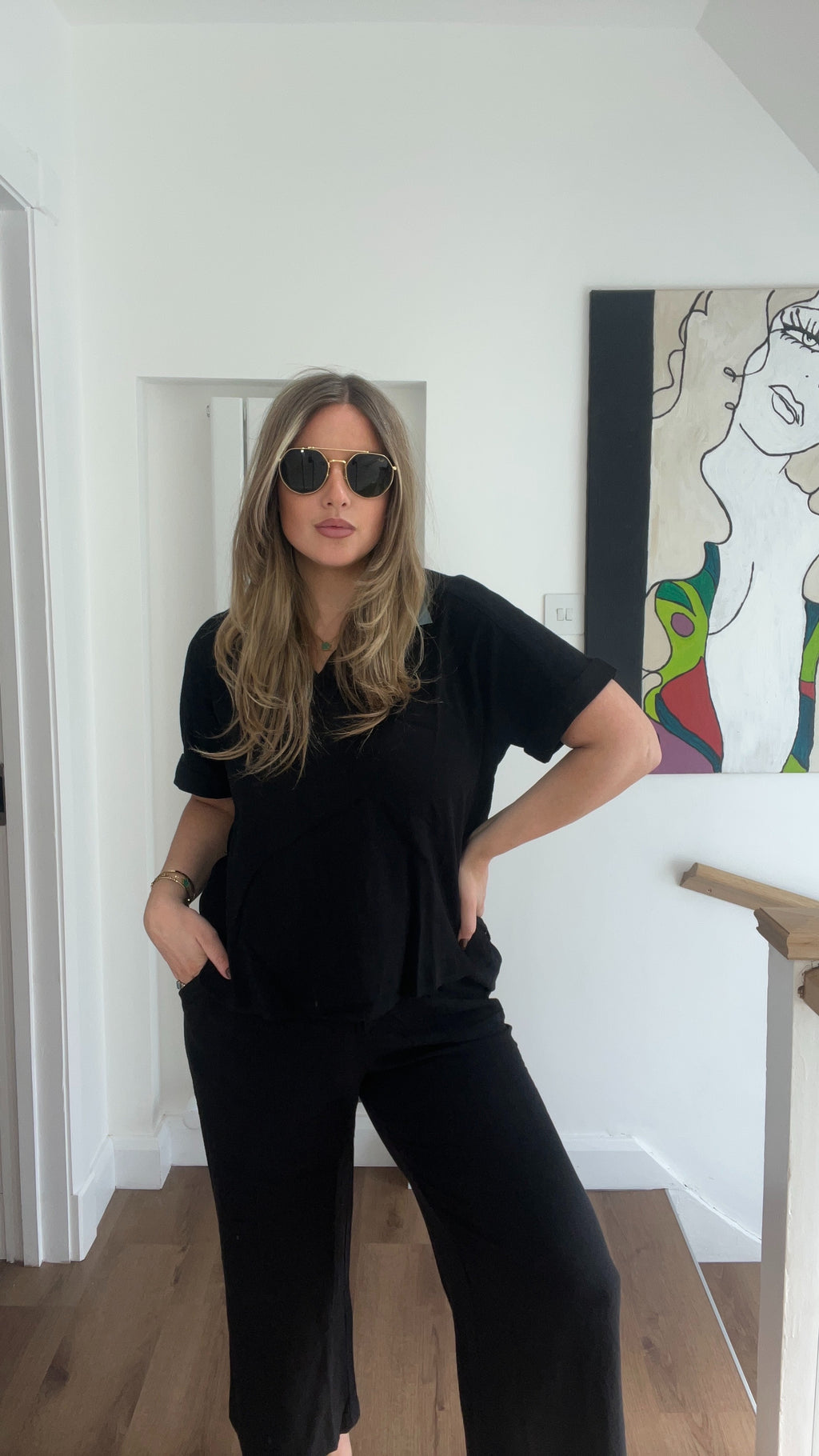 Linen/cotton two piece top and trouser set - Black