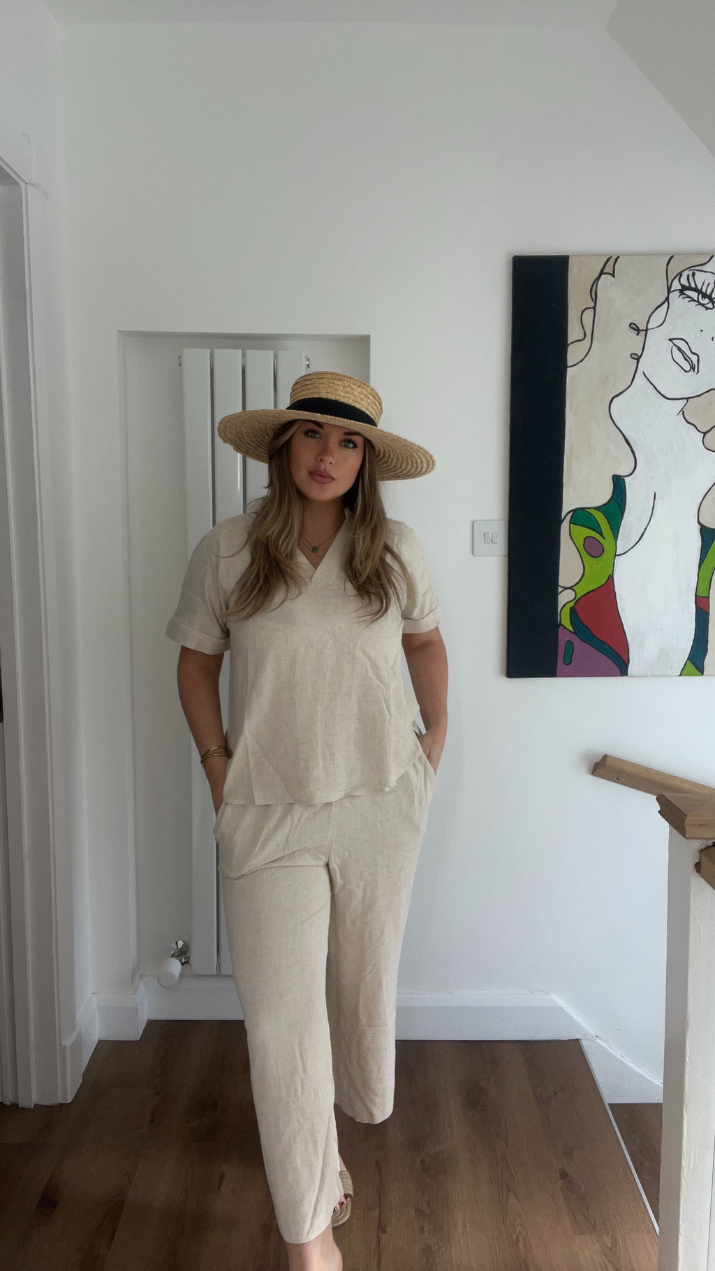 Linen/cotton two piece top and trouser set - Beige