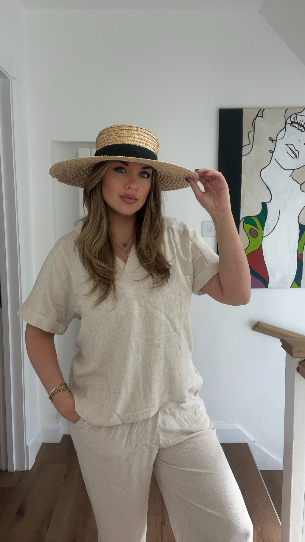 Linen/cotton two piece top and trouser set - Beige