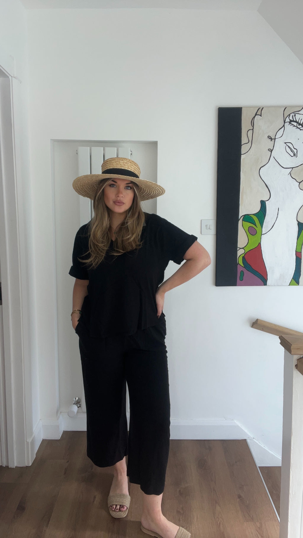 Linen/cotton two piece top and trouser set - Black