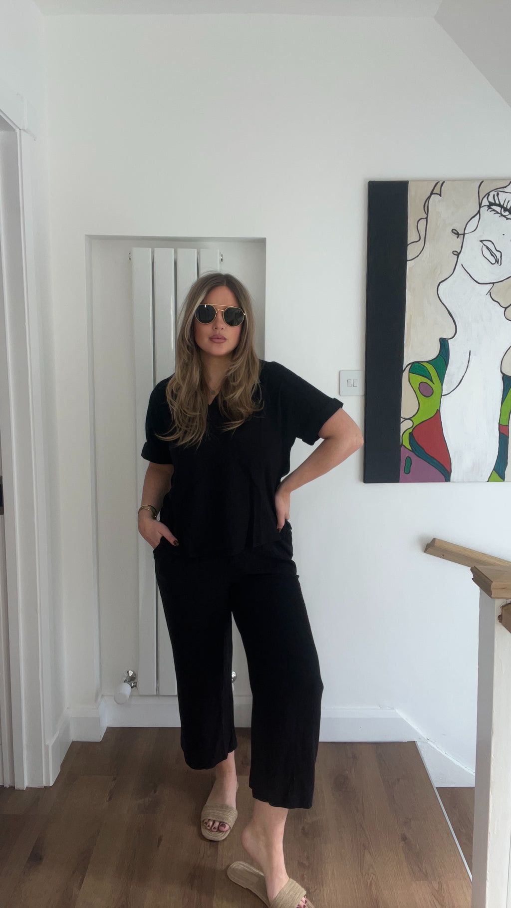 Linen/cotton two piece top and trouser set - Black