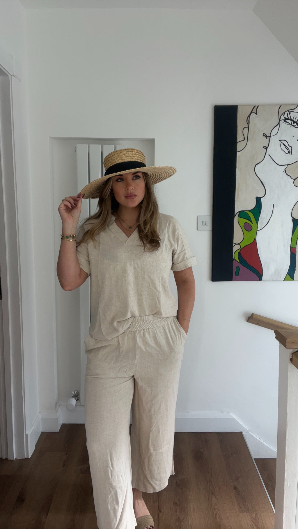 Linen/cotton two piece top and trouser set - Beige
